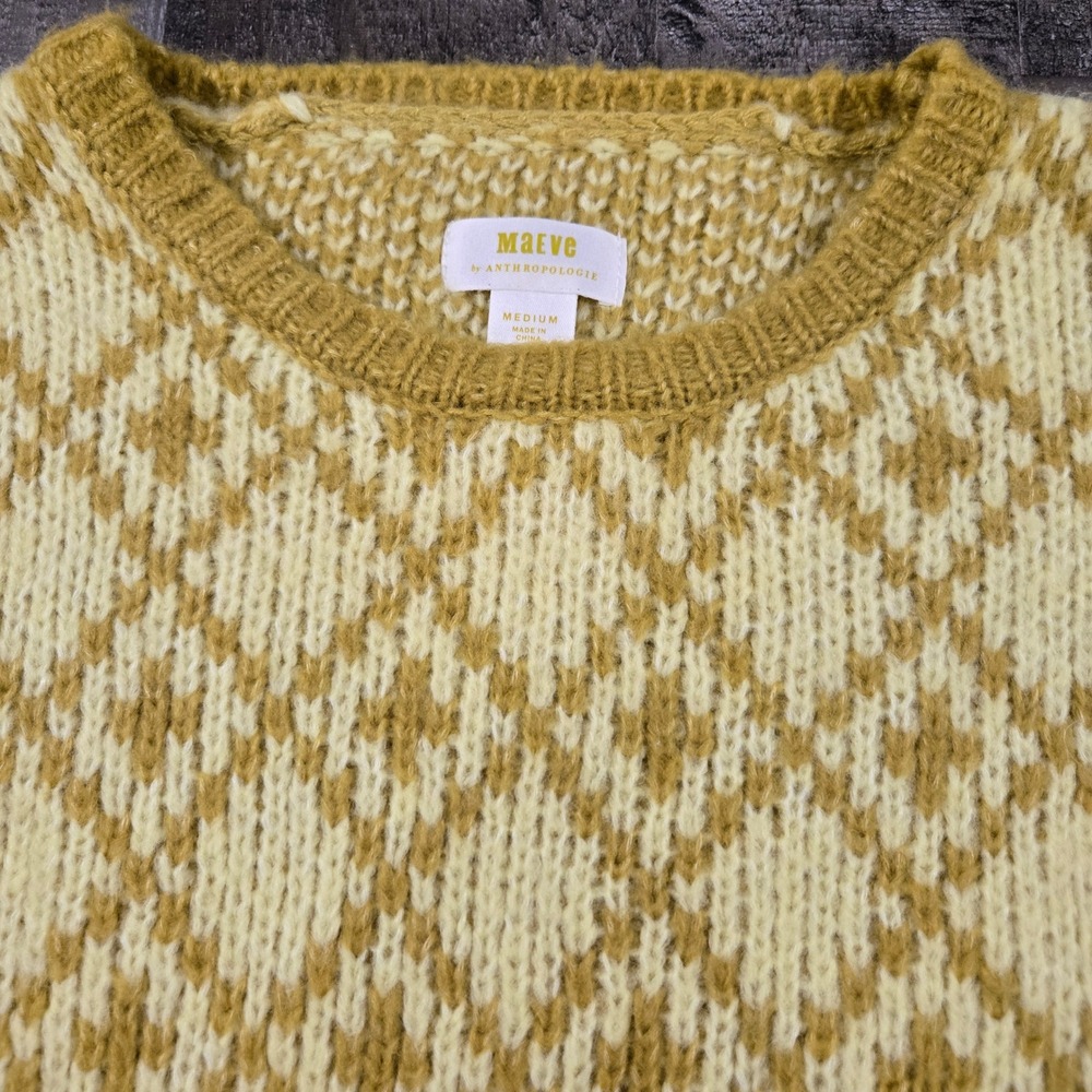 Anthropologie Maeve Sigfried Diamond Argyle Sweater M Chartreuse Wool Blend - Picture 3 of 10